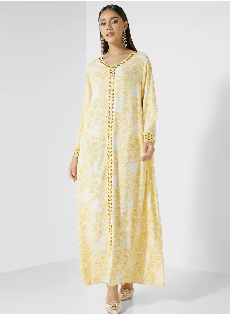 KASHKHA V-Neck Floral Print Jalabiya