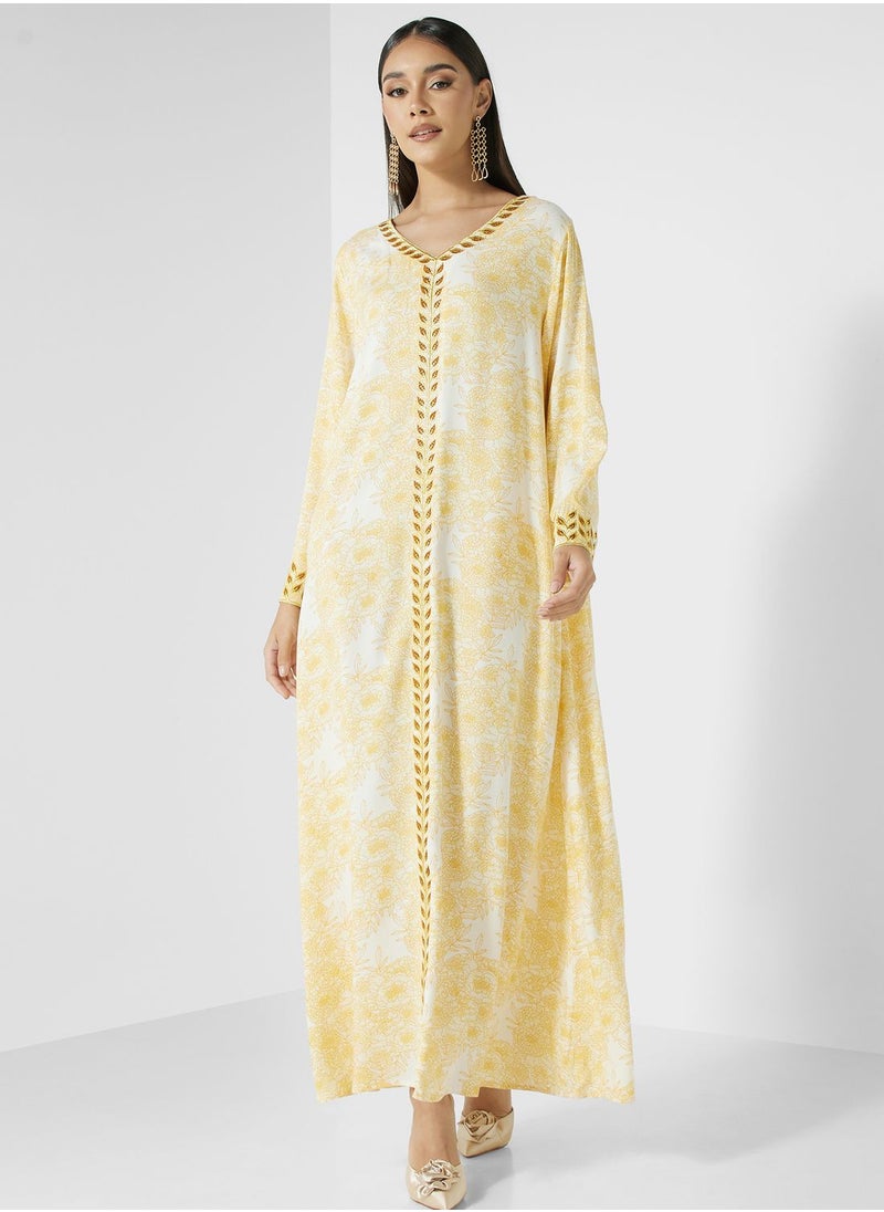 KASHKHA - V-Neck Floral Print Jalabiya - Image 1