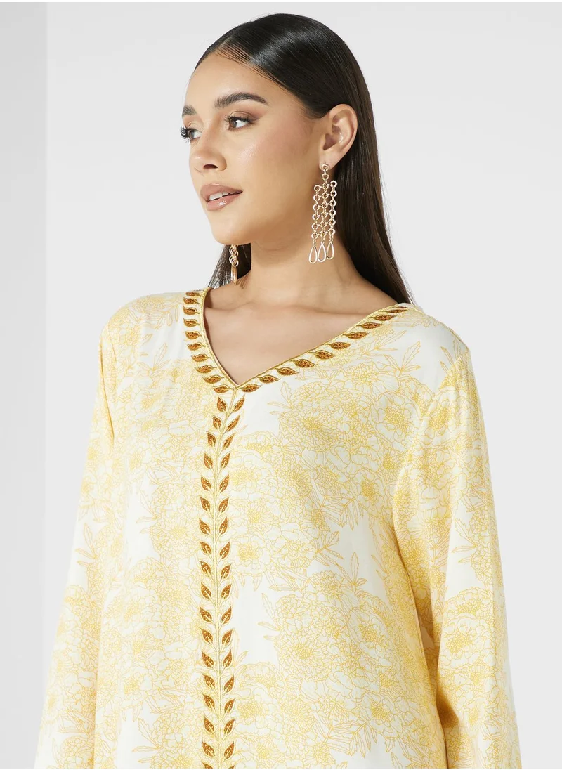 KASHKHA V-Neck Floral Print Jalabiya