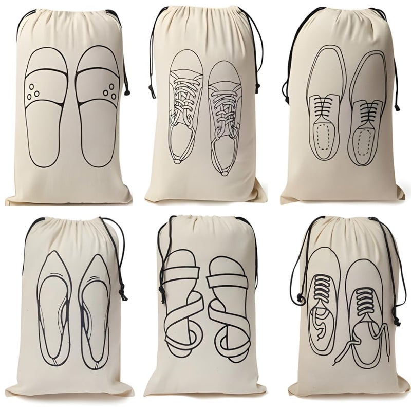 IVILLAGE Premium Reusable & Washable 100% Pure Cotton Cloth Travelling Shoe Cover/Pouches/Bags with Drawstring Closure|Handcrafted Doodle|Ideal for Travel & Storage Organizer|Pack of 6|OffWhite|Unisex - Image 5