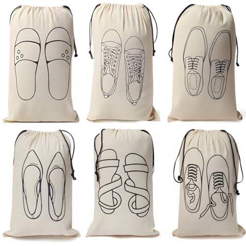 IVILLAGE Premium Reusable & Washable 100% Pure Cotton Cloth Travelling Shoe Cover/Pouches/Bags with Drawstring Closure|Handcrafted Doodle|Ideal for Travel & Storage Organizer|Pack of 6|OffWhite|Unisex - Image 1