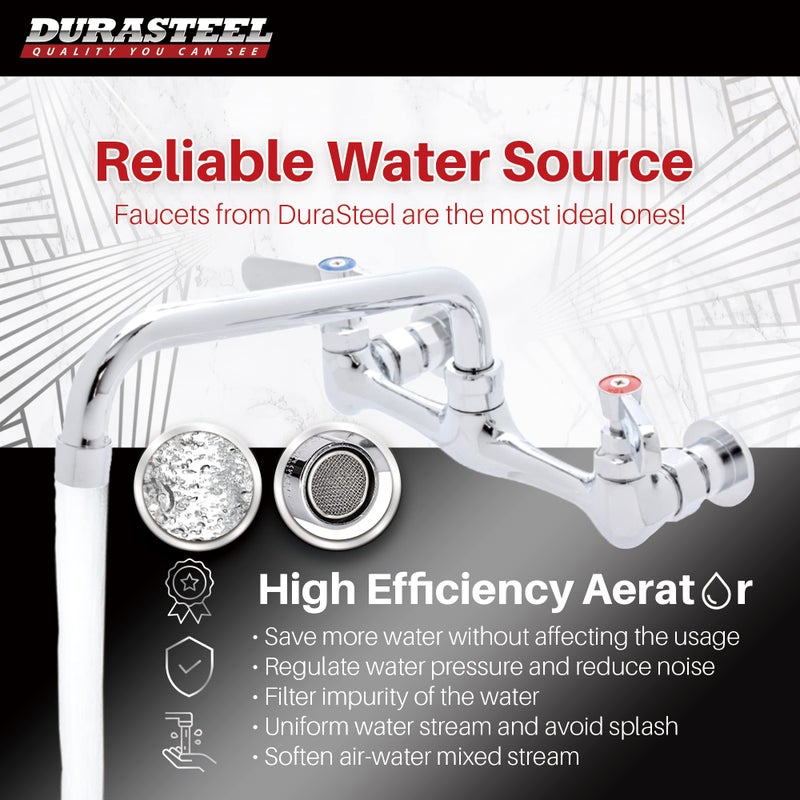 DuraSteel Kitchen Sink Faucet Wall Mount - DuraSteel 8"" Center Commercial Kitchen Sink Faucet with 8"" Swivel Spout - Dual Lever Handles - Brass Constructed & Chrome Polished - Image 2