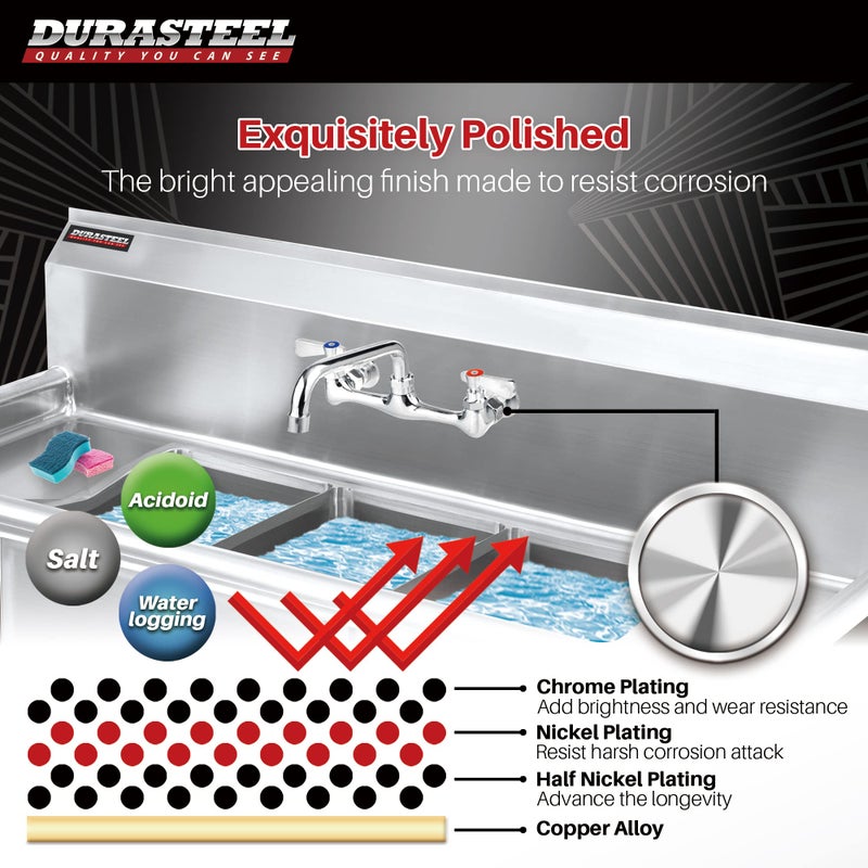 DuraSteel Kitchen Sink Faucet Wall Mount - DuraSteel 8"" Center Commercial Kitchen Sink Faucet with 8"" Swivel Spout - Dual Lever Handles - Brass Constructed & Chrome Polished - Image 3