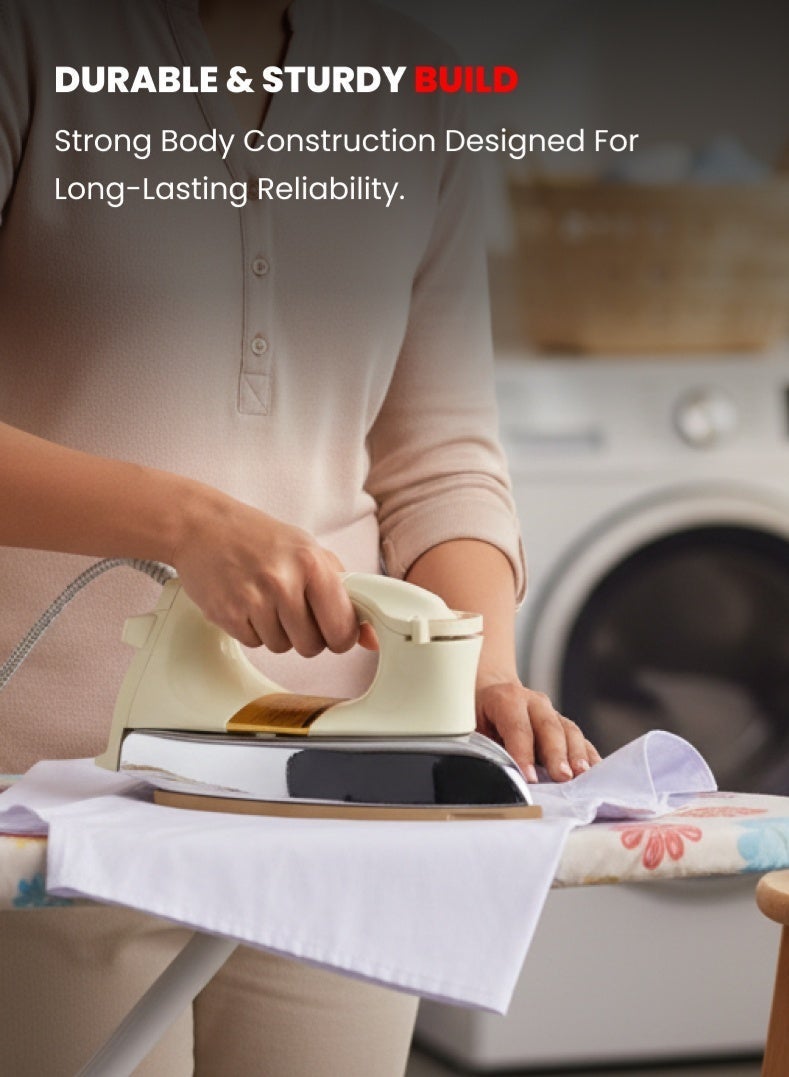 أوجيرا مكواة جافة ثقيلة الوزن 1.5 كجم | تسخين قوي 1200 واط | قاعدة غير لاصقة | منظم حرارة قابل للتعديل | جسم مقاوم للصدمات | حماية من الحرارة الزائدة | ضمان سنتين | OG111DI | أبيض/فضي/ذهبي - Image 3