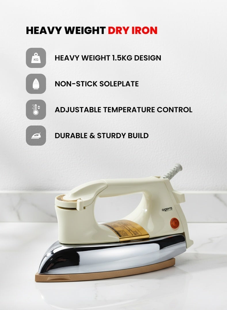 أوجيرا مكواة جافة ثقيلة الوزن 1.5 كجم | تسخين قوي 1200 واط | قاعدة غير لاصقة | منظم حرارة قابل للتعديل | جسم مقاوم للصدمات | حماية من الحرارة الزائدة | ضمان سنتين | OG111DI | أبيض/فضي/ذهبي - Image 1