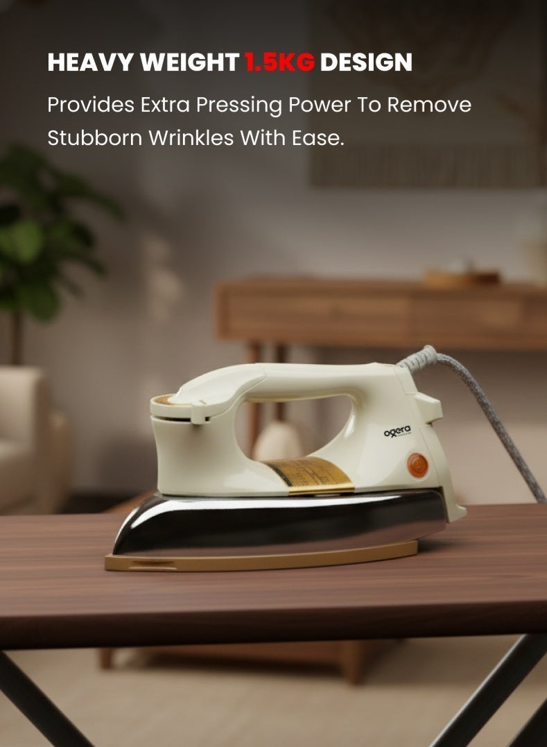 أوجيرا مكواة جافة ثقيلة الوزن 1.5 كجم | تسخين قوي 1200 واط | قاعدة غير لاصقة | منظم حرارة قابل للتعديل | جسم مقاوم للصدمات | حماية من الحرارة الزائدة | ضمان سنتين | OG111DI | أبيض/فضي/ذهبي - Image 2