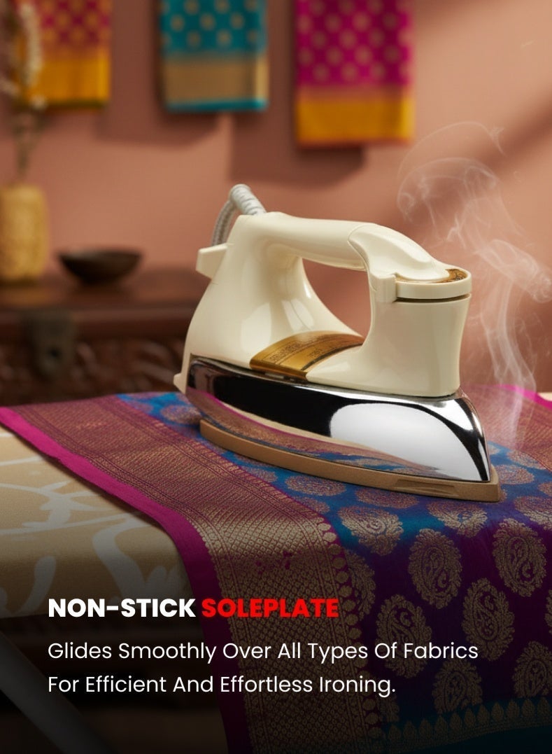 أوجيرا مكواة جافة ثقيلة الوزن 1.5 كجم | تسخين قوي 1200 واط | قاعدة غير لاصقة | منظم حرارة قابل للتعديل | جسم مقاوم للصدمات | حماية من الحرارة الزائدة | ضمان سنتين | OG111DI | أبيض/فضي/ذهبي - Image 4