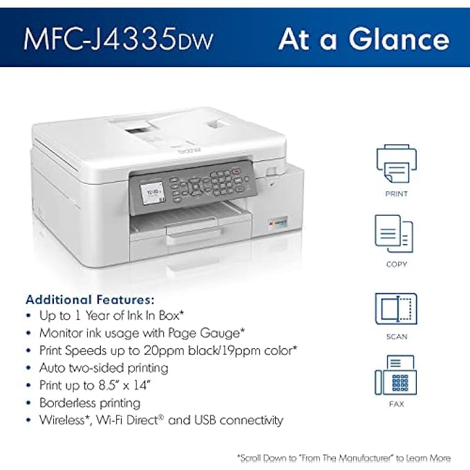 MFC-J4335DW INKVESTMENT TANK ALL-IN-ONE PRINTER WITH DUPLEX AND WIRELESS PRINTING PLUS UP TO 1-YEAR OF INK IN-BOX (RENEWED PREMIUM) - Image 3