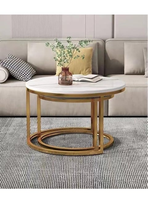 Home Modern Nesting Coffee Table Set of 2 Wooden Side Table Minimalist Round Nesting Table Sturdy Steel Frame for Small Spaces Living Room Office Sky Over
