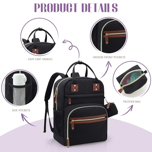 Tuwubi Diaper Bag Backpack, Baby Essentials Travel Tote Bag, Multi function Waterproof Backpacks, Travel Essentials with Stroller Straps & Pacifier Case - Black - Image 5