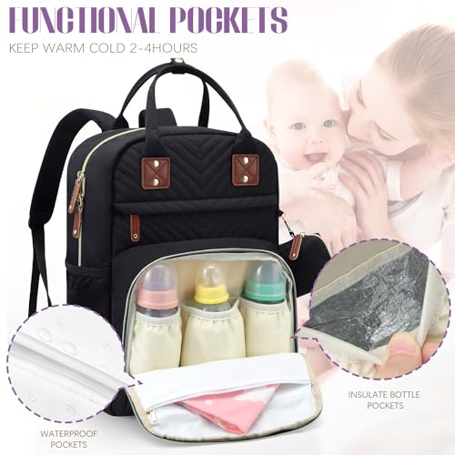 Tuwubi Diaper Bag Backpack, Baby Essentials Travel Tote Bag, Multi function Waterproof Backpacks, Travel Essentials with Stroller Straps & Pacifier Case - Black - Image 4
