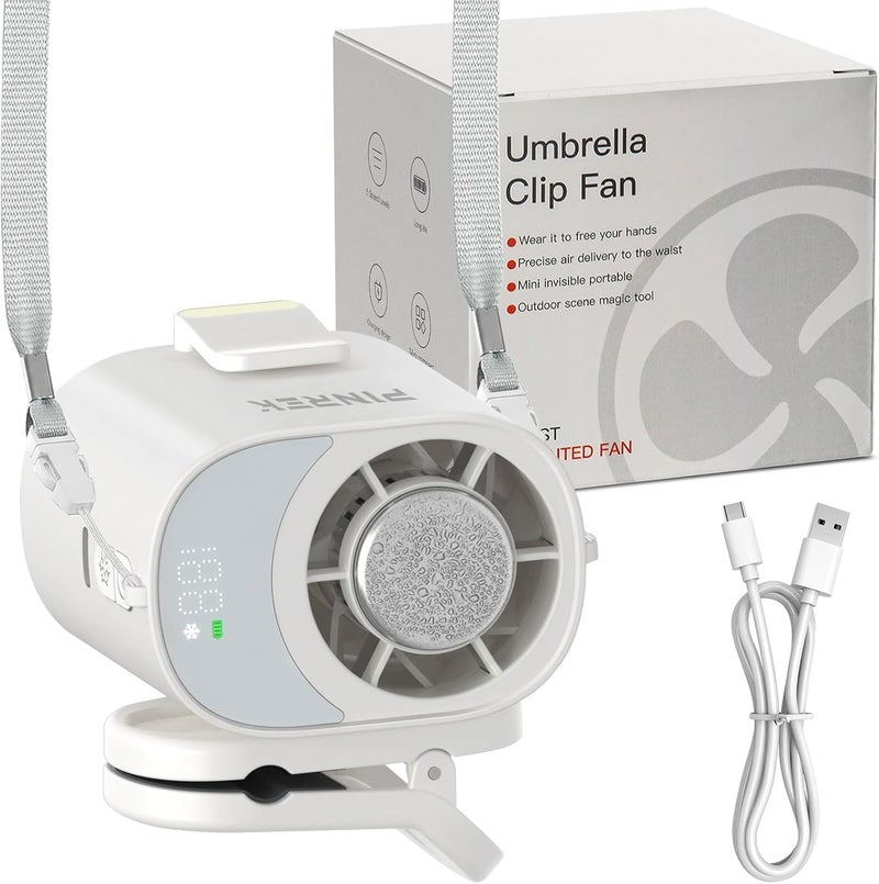بينريك مروحة صغيرة قابلة للتثبيت من PINREK، مروحة تبريد محمولة قابلة لإعادة الشحن عبر USB-C بسرعة 15000 دورة في الدقيقة | مع شاشة LED للتعديل بخمسة مستويات، ثبتها على خصرك/مظلتك/دراجتك/طاولتك، للاستخدام الصيفي في الهواء الطلق، المنزل، المكتب، والرياضة - Image 1