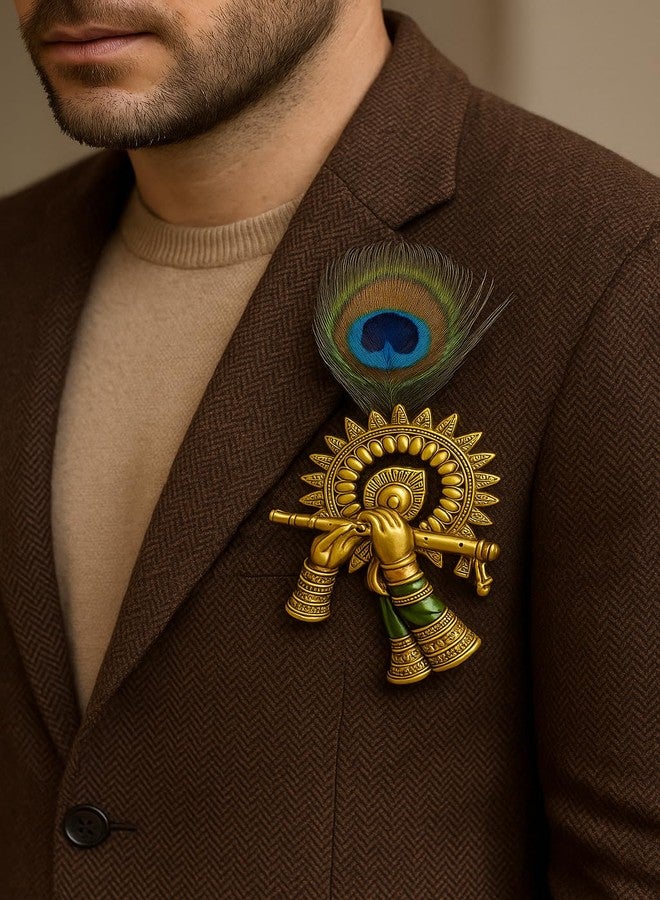 Fiable Collection Lord Krishna Peacock Feather (Mor Pankh) Brooch with Flute - Handmade Traditional Accessory for Men, Women & Kids - Ideal for Pooja, Janmashtami & Cultural Wear Pack of 3 - Image 5