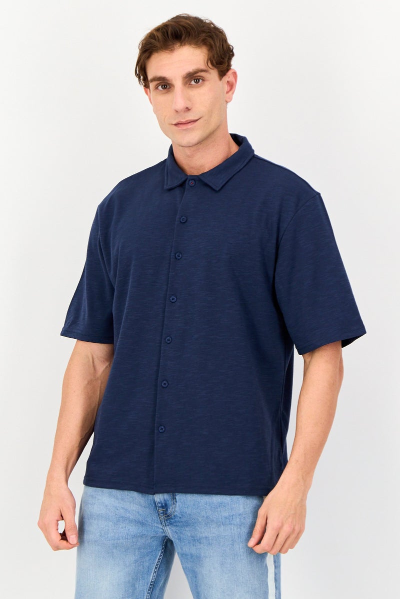 Core Elements Men Regular Fit Chambray Short Sleeves Casual Shirt, Navy Blue - Image 1