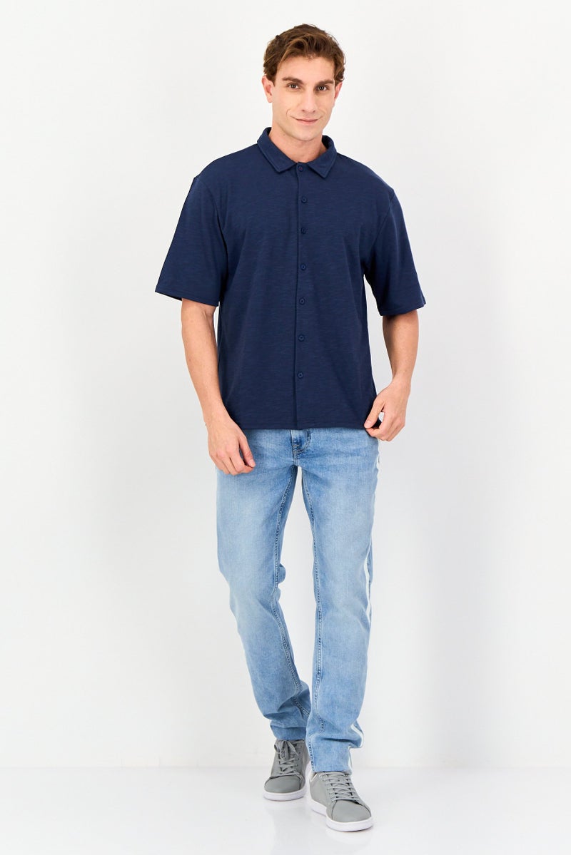 Core Elements Men Regular Fit Chambray Short Sleeves Casual Shirt, Navy Blue - Image 4