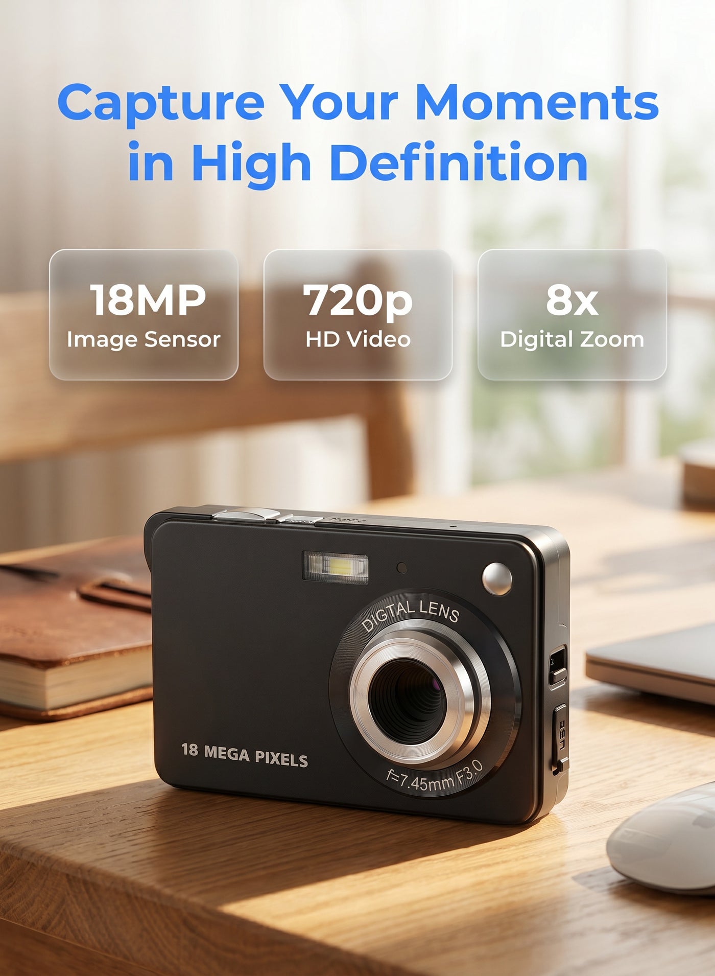 Digital Camera, Portable 720P Digital Camera Video Camcorder 18MP Photo 8X Zoom Anti-Shake 2.7 Inch Large TFT Screen Built-in Lithium Battery with Carry Bag USB Charging Cable for Kids Teens