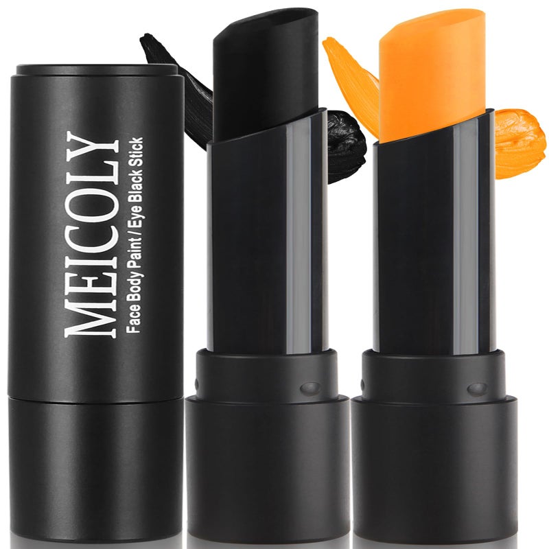MEICOLY 2Pcs Black and Orange Face Body Paint Stick,Waterproof Face Paint for Halloween Pumpkin Tiger Lion Cosplay Makeup,Eye Black Stick for Baseball/Softball/Football/Lacrosse - Image 1