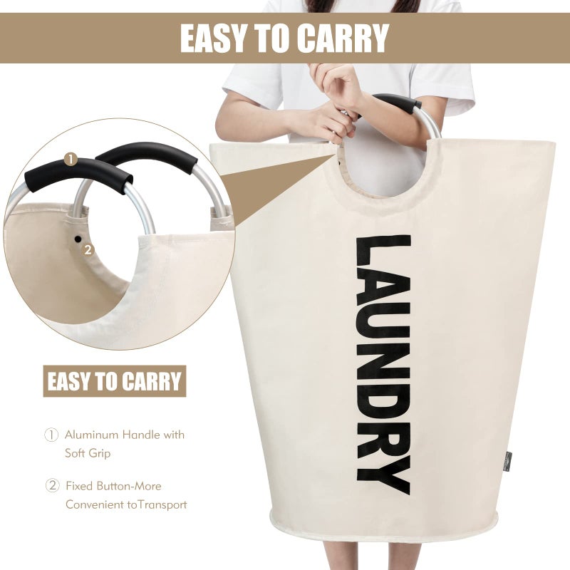 DOKEHOM 90L Large Laundry Basket, Collapsible Laundry Bag, Freestanding Tall Clothes Hamper, Foldable Washing Bin (Beige) - Image 5