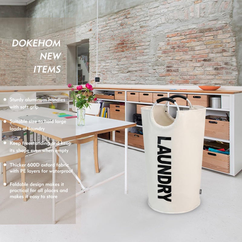 DOKEHOM 90L Large Laundry Basket, Collapsible Laundry Bag, Freestanding Tall Clothes Hamper, Foldable Washing Bin (Beige) - Image 2
