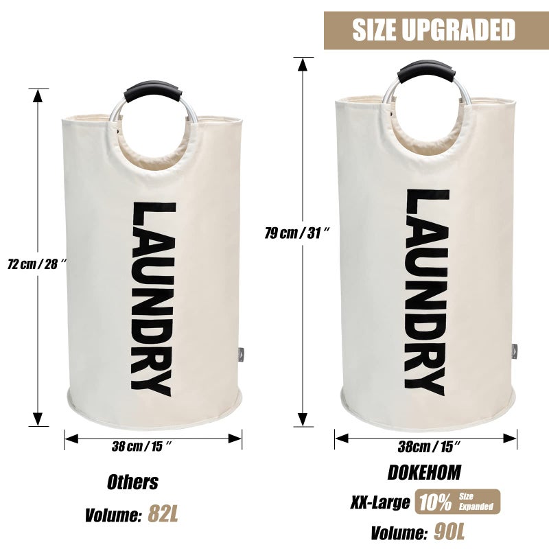 DOKEHOM 90L Large Laundry Basket, Collapsible Laundry Bag, Freestanding Tall Clothes Hamper, Foldable Washing Bin (Beige) - Image 3