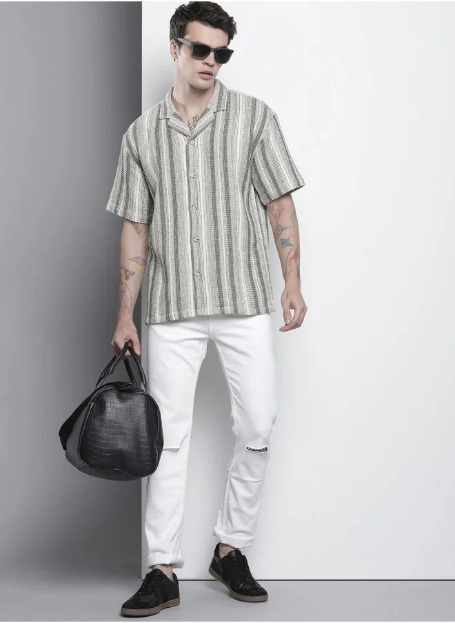 شركة المرآب الهندية Men Relaxed Fit Striped Half Sleeves Cuban Collar Resort Wear Shirt