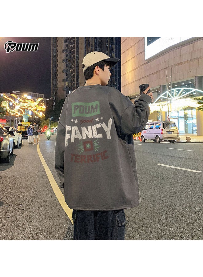 Poum American Retro Suede Sweatshirt For Men, Spring And Autumn Style, Youth Trendy Long-sleeve Pow01 Dark Gray S - Image 1