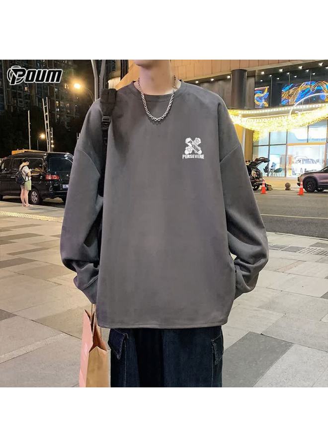 Poum American Retro Suede Sweatshirt For Men, Spring And Autumn Style, Youth Trendy Long-sleeve Pow01 Dark Gray S - Image 3