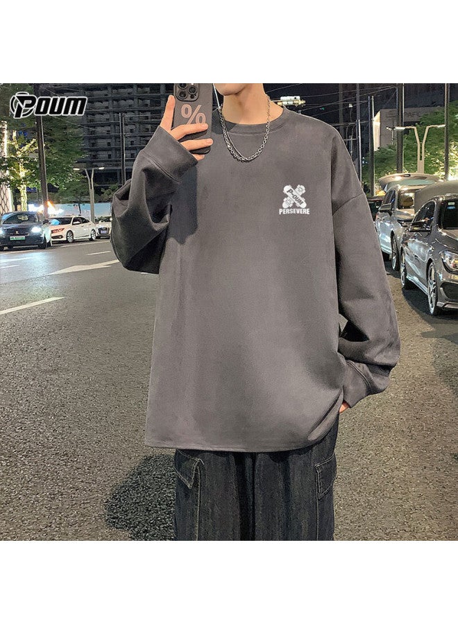Poum American Retro Suede Sweatshirt For Men, Spring And Autumn Style, Youth Trendy Long-sleeve Pow01 Dark Gray S - Image 2