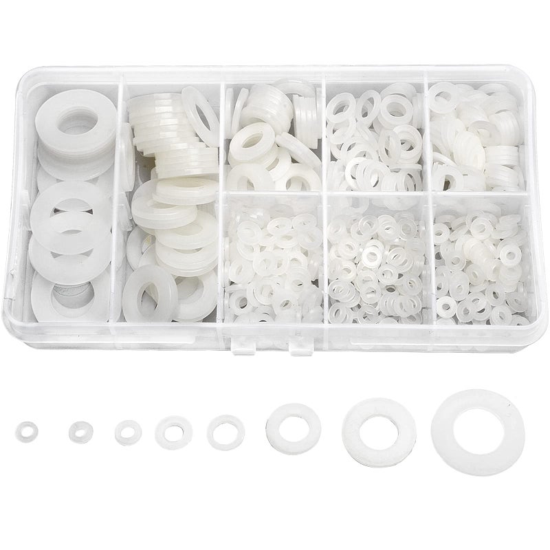 Qteatak 510 Pcs White Nylon Flat Washer Assortment Kit For Electrical Connections On Household & Commercial Appliances (M2 M2.5 M3 M4 M5 M6 M8 M10) - Image 1