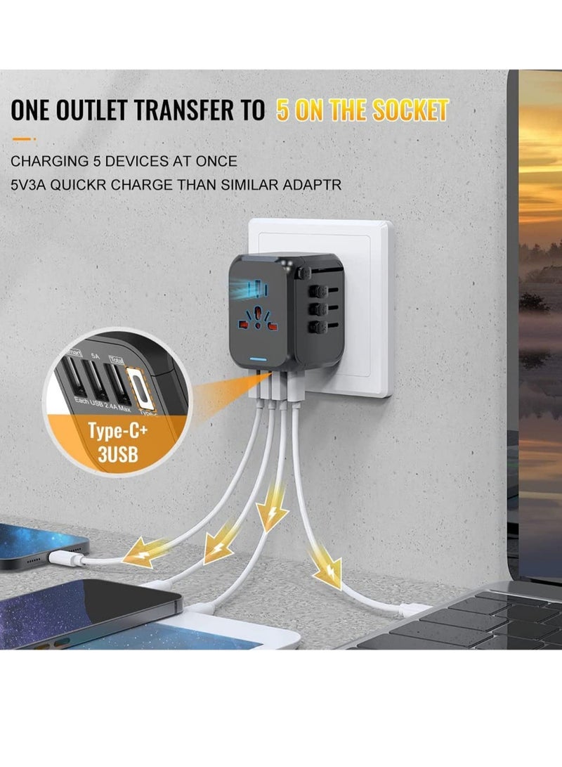 Universal Travel Adapter Plug with 3 USB & 1 Type-C Port,Fast Wall Plug Adapter Socket with UK/EU/AU/US Plugs,Multiport Charger Plug Converter