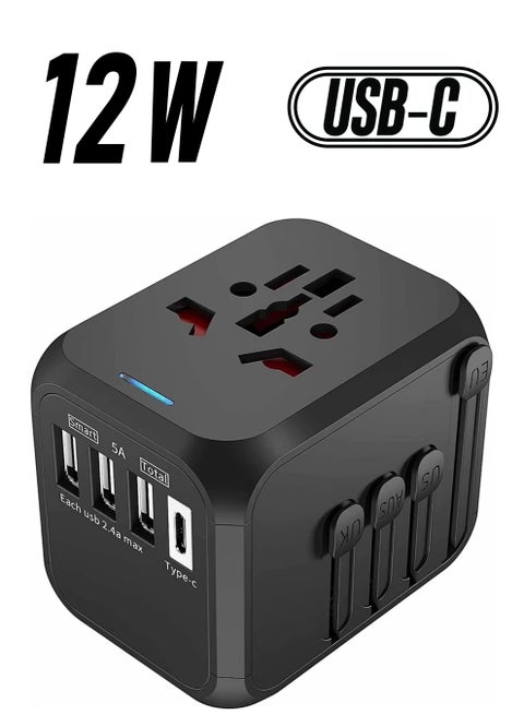 Universal Travel Adapter Plug with 3 USB & 1 Type-C Port,Fast Wall Plug Adapter Socket with UK/EU/AU/US Plugs,Multiport Charger Plug Converter
