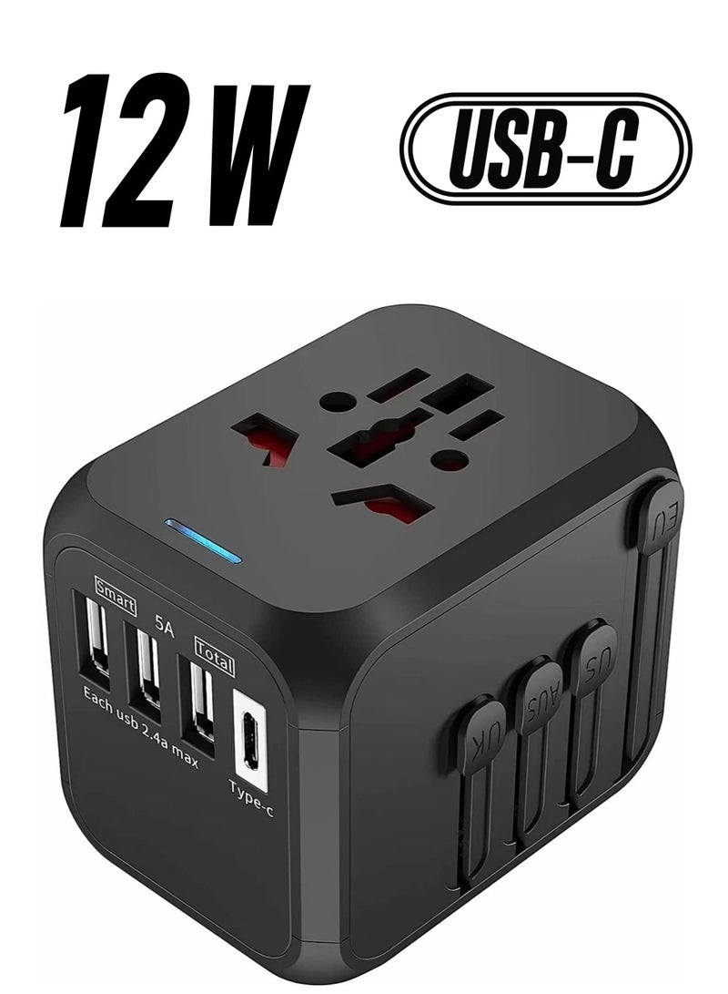 Universal Travel Adapter Plug with 3 USB & 1 Type-C Port,Fast Wall Plug Adapter Socket with UK/EU/AU/US Plugs,Multiport Charger Plug Converter