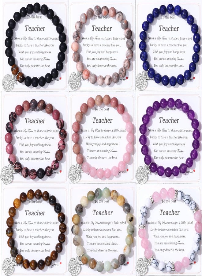 CASDAN 9 Pcs Teacher Appreciation Bracelet for Women Men Natural Stone teacher Bracelet Gifts Apple Pendant Elastic Bead Bracelets With Message Card Teacher Jewelry Gift - Image 1