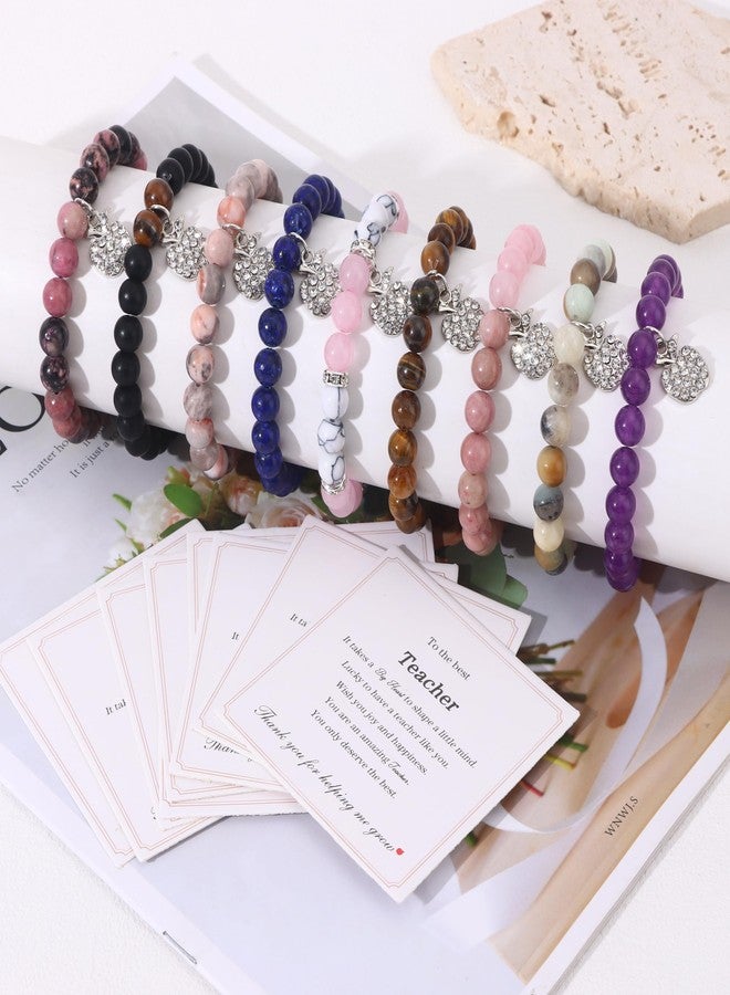 CASDAN 9 Pcs Teacher Appreciation Bracelet for Women Men Natural Stone teacher Bracelet Gifts Apple Pendant Elastic Bead Bracelets With Message Card Teacher Jewelry Gift - Image 5