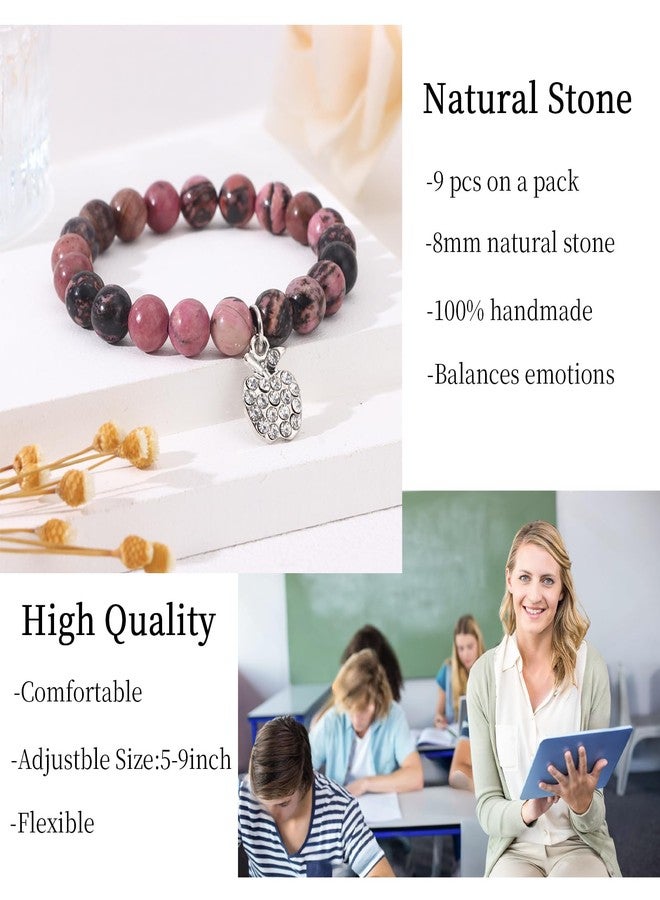 CASDAN 9 Pcs Teacher Appreciation Bracelet for Women Men Natural Stone teacher Bracelet Gifts Apple Pendant Elastic Bead Bracelets With Message Card Teacher Jewelry Gift - Image 4