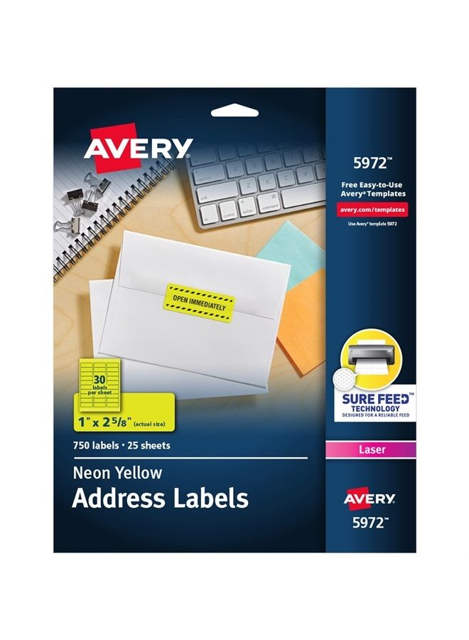 Avery Printable Address Labels with Sure Feed, 1" x 2-5/8", Neon Yellow, 750 Blank Mailing Labels (5972) - Image 1
