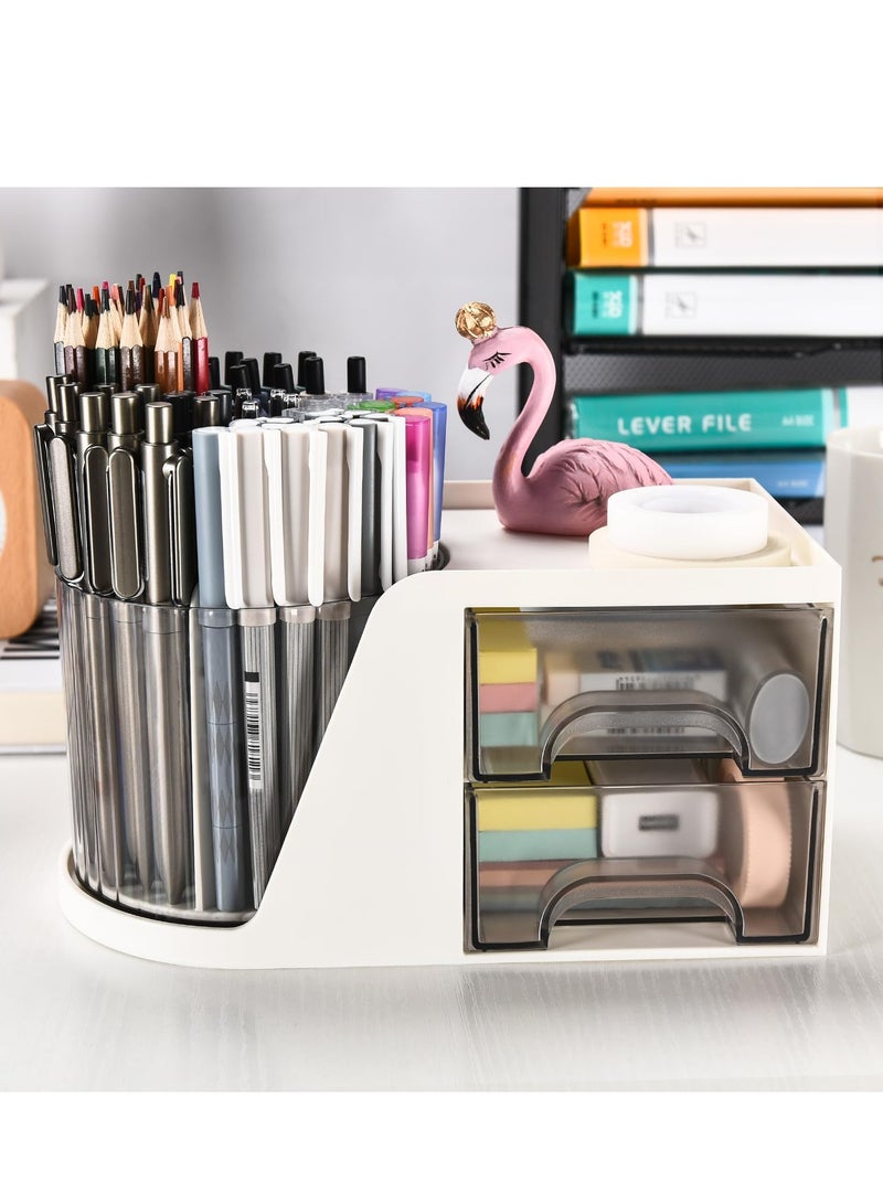 Desk Organizer with 2 Drawer 360 Degree Rotating Pen Holder for Desk Desk Organizers and Accessories with 6 Slots Pencil Organizer Art Supply Storage Box for Office (White) - Image 2