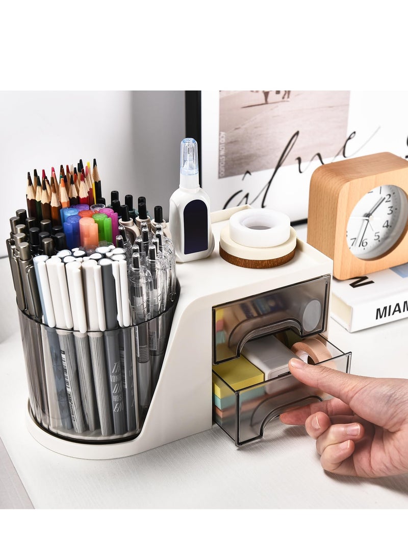 Desk Organizer with 2 Drawer 360 Degree Rotating Pen Holder for Desk Desk Organizers and Accessories with 6 Slots Pencil Organizer Art Supply Storage Box for Office (White) - Image 3