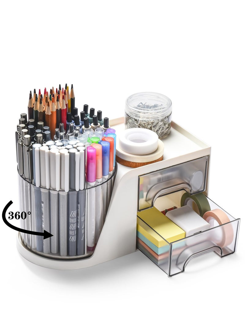 Desk Organizer with 2 Drawer 360 Degree Rotating Pen Holder for Desk Desk Organizers and Accessories with 6 Slots Pencil Organizer Art Supply Storage Box for Office (White) - Image 1