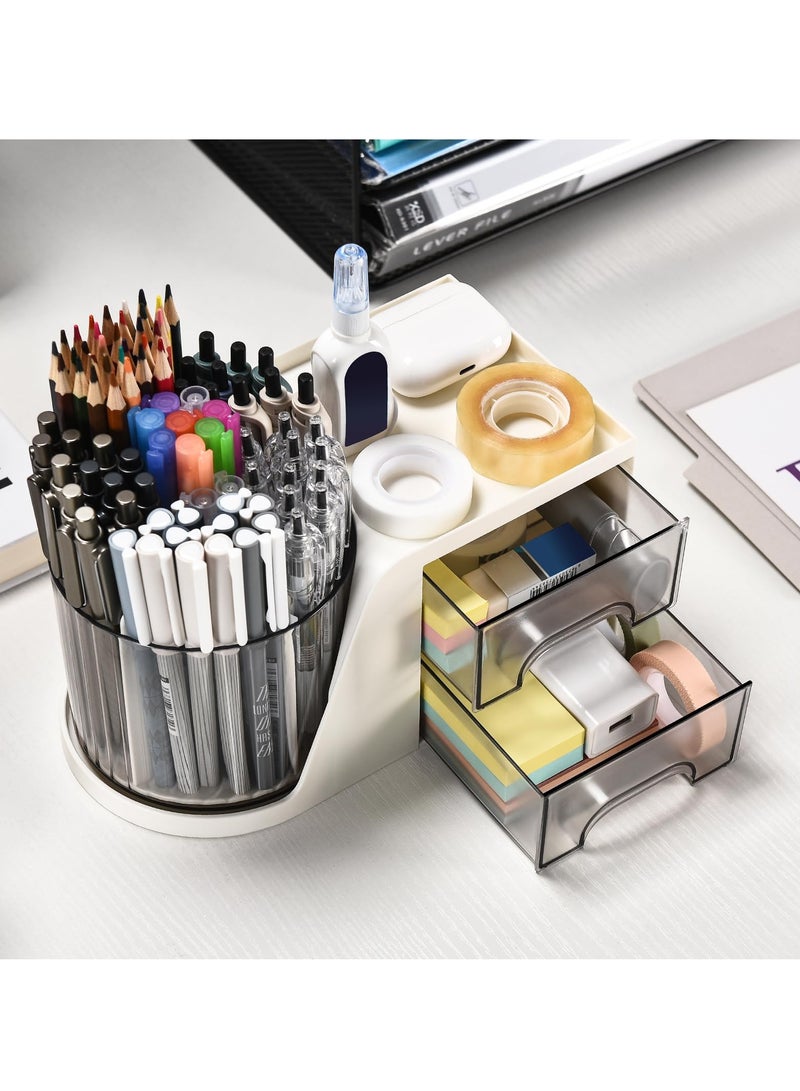 Desk Organizer with 2 Drawer 360 Degree Rotating Pen Holder for Desk Desk Organizers and Accessories with 6 Slots Pencil Organizer Art Supply Storage Box for Office (White) - Image 5