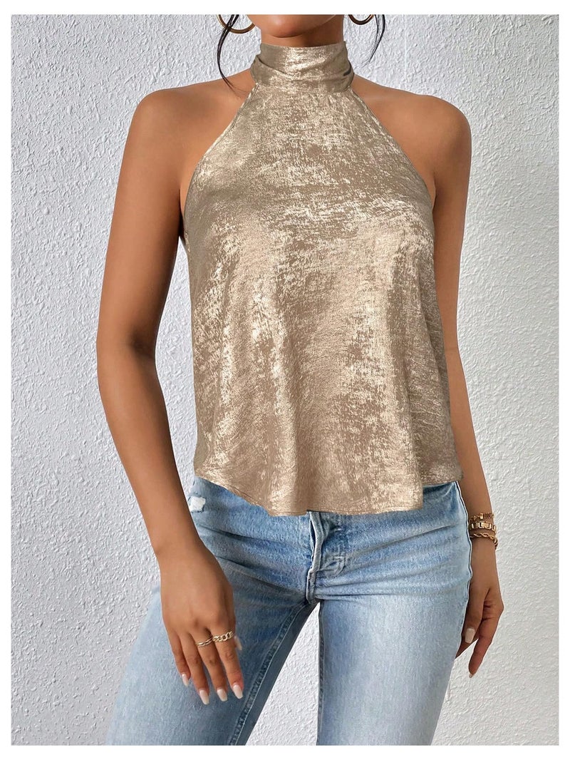 MakeMeChic Women's Satin Silk Backless Halter Tops High Neck Sleeveless Camisole Summer Classy Going Out Top Gold Large - Image 3