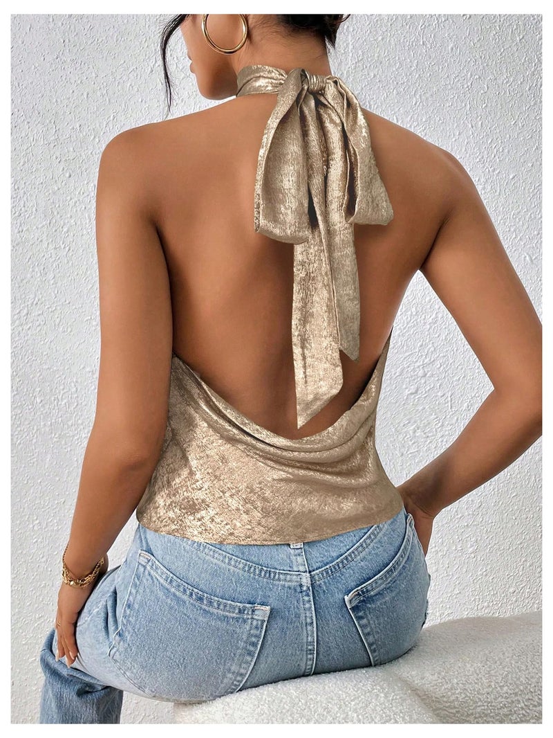 MakeMeChic Women's Satin Silk Backless Halter Tops High Neck Sleeveless Camisole Summer Classy Going Out Top Gold Large - Image 2