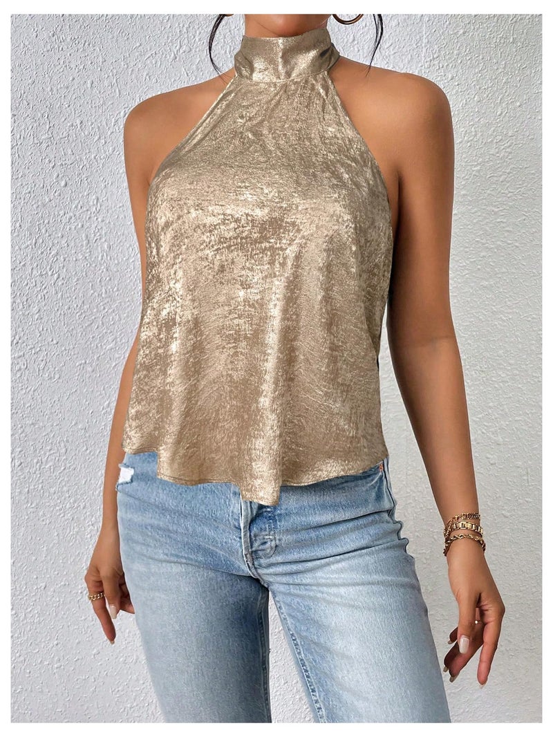 MakeMeChic Women's Satin Silk Backless Halter Tops High Neck Sleeveless Camisole Summer Classy Going Out Top Gold Large - Image 5
