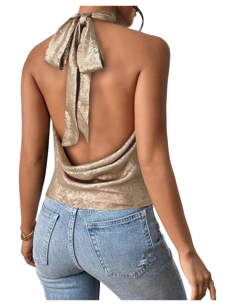 MakeMeChic Women's Satin Silk Backless Halter Tops High Neck Sleeveless Camisole Summer Classy Going Out Top Gold Large - Image 1