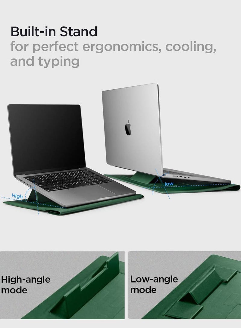 Spigen Laptop Sleeve Valentinus S 13 14 inch, for MacBook Pro, Built in Magnetic Flap with [Foldable Stand] Leather Laptop Case Cover, Laptop Pouch Bag - Jeju Green  - Image 2