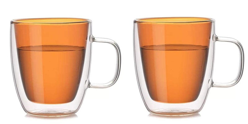 Baskety Double Wall Glass Coffee Mugs with Handle Set of 2, Espresso Cups, Glass Coffee Mug for Women Men Dad Mon Gifts (Pack of 2 Orange) - Image 1