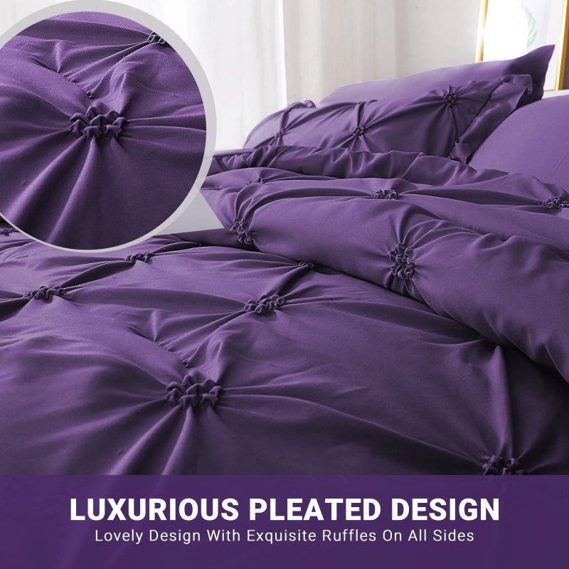 JOLLYVOGUE Purple Full Size Comforter Sets 7 Pieces, Pintuck Bed in a Bag Comforter Set for Bedroom, Bedding Comforter Sets with Comforter, Sheets,Ruffled Shams & Pillowcases - Image 5