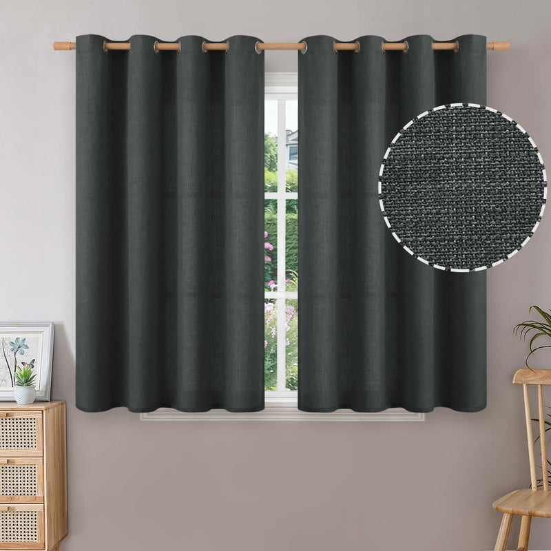 BGment الستائر القصيرة القصيرة لغرفة نوم 54 بوصة بطول الستائر الكتان الفوقية لنافذة صغيرة جروميت غير مشيبة من خلال خصوصية مصباح تصفية الخيش نافذة المطبخ 2 لوحات 52 × 54 بوصة رمادية داكنة داكنة - Image 1