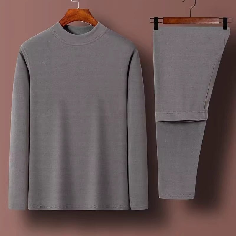 2024 velvet thermal underwear mens suit de Velvet half turtleneck heating thickened youth autumn clothes autumn and winter pants pajamas Light gray - Image 1