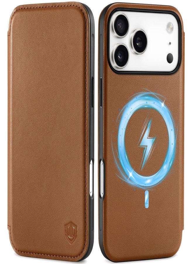 SHIELDON Slim Genuine Leather Wallet Case Compatible with iPhone 17 Pro Max 6.9-inch 5G, Magnetic Wireless Charging, RFID Blocking, 3 Card Slots, Shock-Absorbent, Protective Flip Cover - Saddle Brown - Image 1